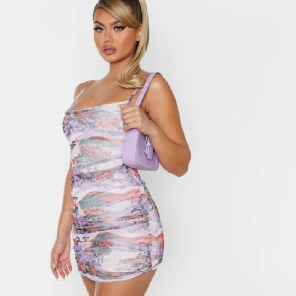 Lilac Mixed Print Mesh Ruched Strappy Bodycon Dress